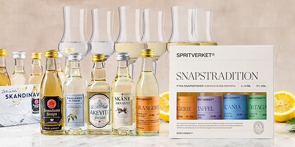 Alla snaps från Spritverket snapstradition och Skandinaviska snapsar i lila flaskor, perfekt för hemmaprovning. 
